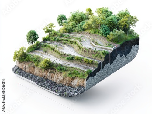 Technical diagram of a landslide warning system showing subsurface sensors, surface tension cables, vegetation layers and erosion barriers in the context of climate adaptation