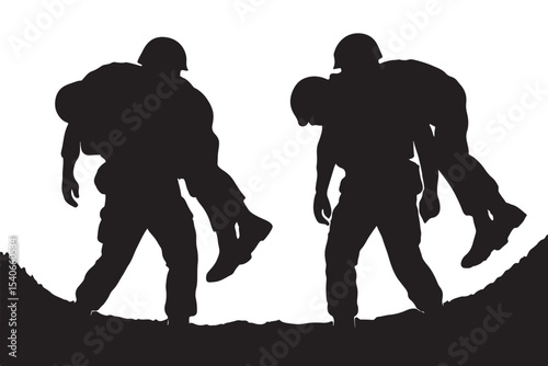 Soldiers carrying injured comrades in silhouette during a mission