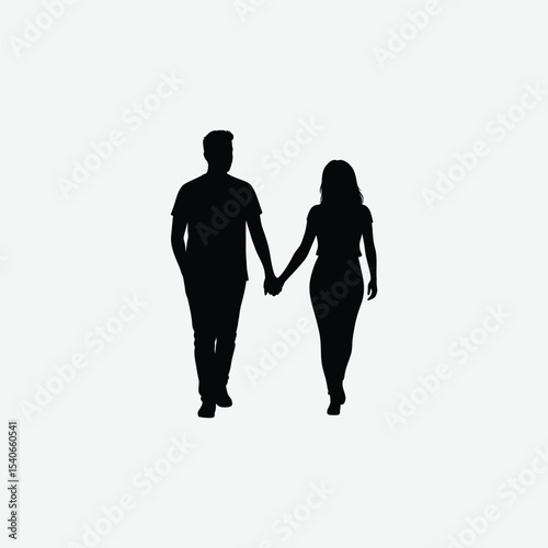 Black silhouette of a couple walking hand in hand, minimalist vector style on white background. Perfect for love, relationship, or companionship-themed design projects.