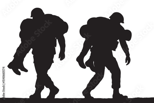 Silhouette of soldiers walking with injured comrades on their shoulders