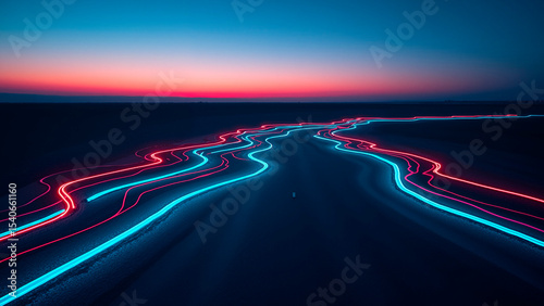 Iridescent Asphalt Patterns, Dark Landscape, Twilight Light Trails, Futuristic Serenity