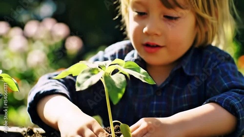 Blonde child holds green seedling with soil-covered hands. Boy planting in garden. Curious expression. Nurturing new life. Gardening planting plant mud. Early childhood natural development baby girl  
