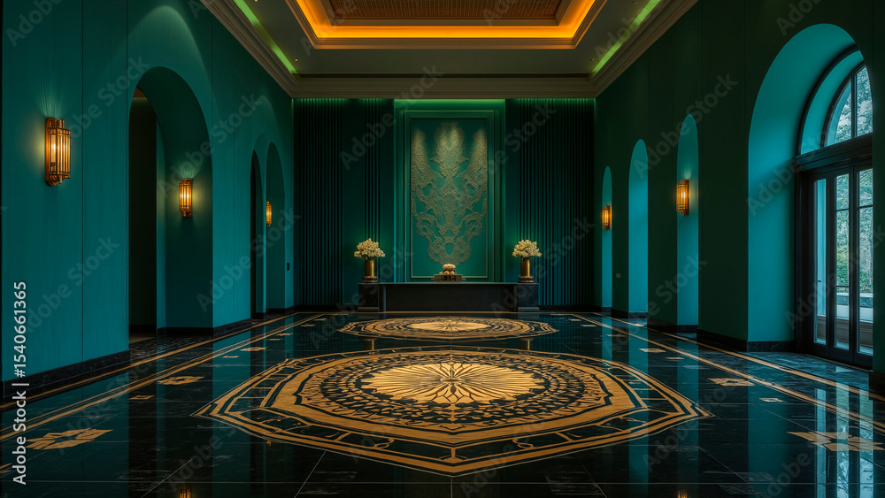 Obraz premium Luxurious Hotel Lobby with Emerald Green Velvet Walls and Geometric Marble Flooring