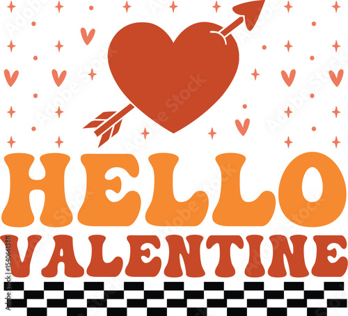Hello Valentine Retro Heart Design with Arrow, Perfect for Valentine's Day Cards and Prints