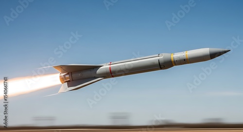 A tactical guided missile flies at supersonic speed with fiery rocket propulsion during a military weapons test, showing advanced defense technology against a clear blue sky.