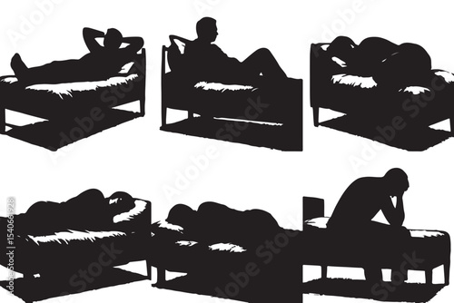 silhouette of a person in different moods and postures on a bed