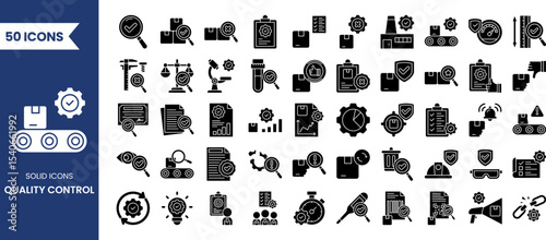 Quality control icon set in solid style. Containing evaluation, inspection, product, quality, process, testing and more. Vector illustration