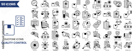Quality control icon set in duotone style. Containing evaluation, inspection, product, quality, process, testing and more. Vector illustration