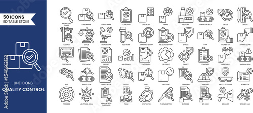 Quality control line editable icon set. Containing evaluation, inspection, product, quality, process, testing and more. Vector illustration