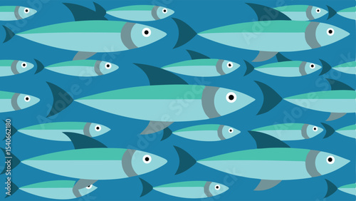 Simple illustration of a seamless repeating pattern of teal colored fish swimming