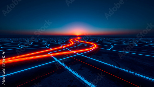 Geometric Twilight Landscape with Vibrant Light Trails Across Asphalt