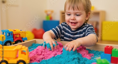 Children activity with kinetic sand for motor and sensory development. Toddler play therapy with colorful toys on sandbox..