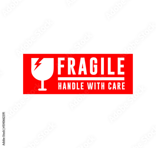 Fragile handle with care label isolated on a white background, red fragile warning label with broken glass symbol, Fragile package icon.