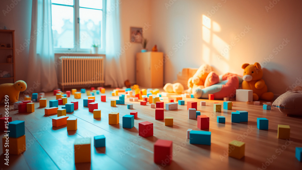 Obraz premium Pastel Building Blocks and Plush Toys Create Serene Playroom Ambiance