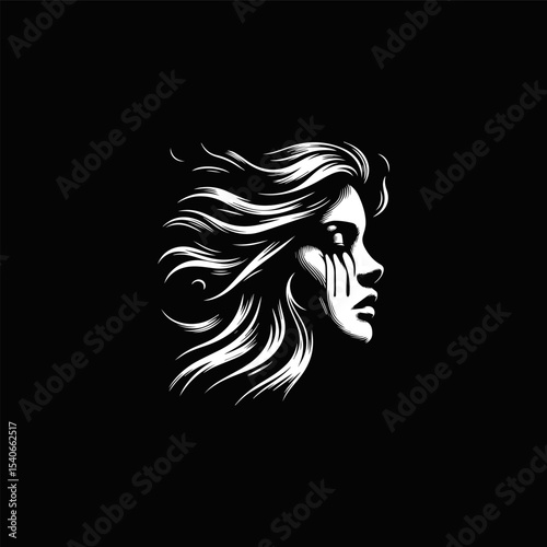 A stylized black and white profile portrait of a woman with flowing hair and tears.