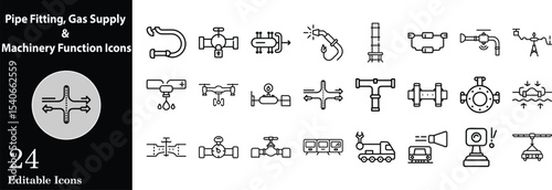Industrial technology elements line style icon set editable stroke pipeline system machinery function and gas supply