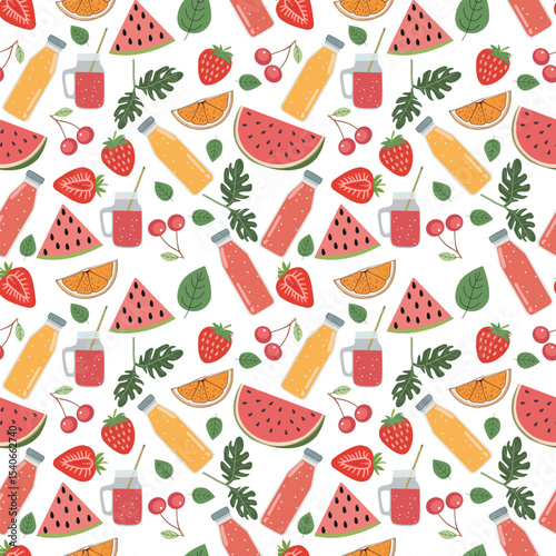 Watermelon half and sliced, strawberry, orange slices and bottles juice