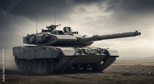 Cinematic view of a powerful main battle tank on a desolate battlefield. Advanced armored vehicle with cannon prepared for combat under a dramatic overcast sky.