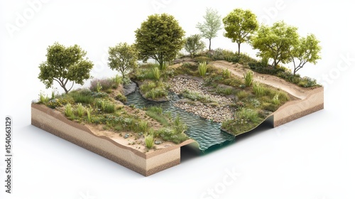 Technical schematic of an urban river restoration project showing plant-based filtration, oxygenation zones, sediment traps, and bank stabilization in the context of natural habitat