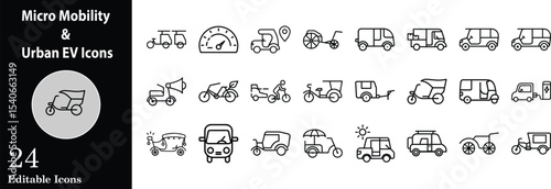 Micro mobility and urban electric vehicle icon set for sustainable transportation and city commuting simple outline style