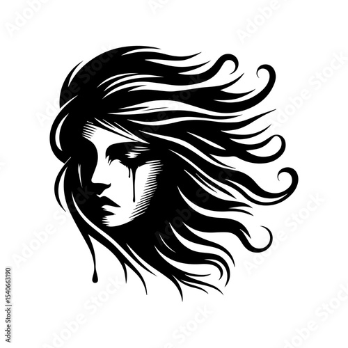 A stylized, black and white portrait of a woman with flowing hair and tears, evoking a melancholic mood.