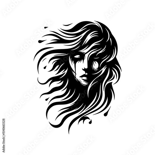 A stylized black and white illustration of a woman's face with flowing hair, evoking sorrow and ethereal beauty.