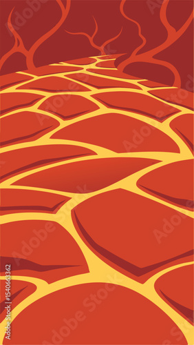 Stylized illustration of a red and yellow landscape with abstract shapes