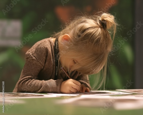 Young girl engrossed in drawing at a table