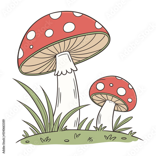 Enchanted Forest Fungi A whimsical illustration of two charming toadstools nestled amongst lush grass