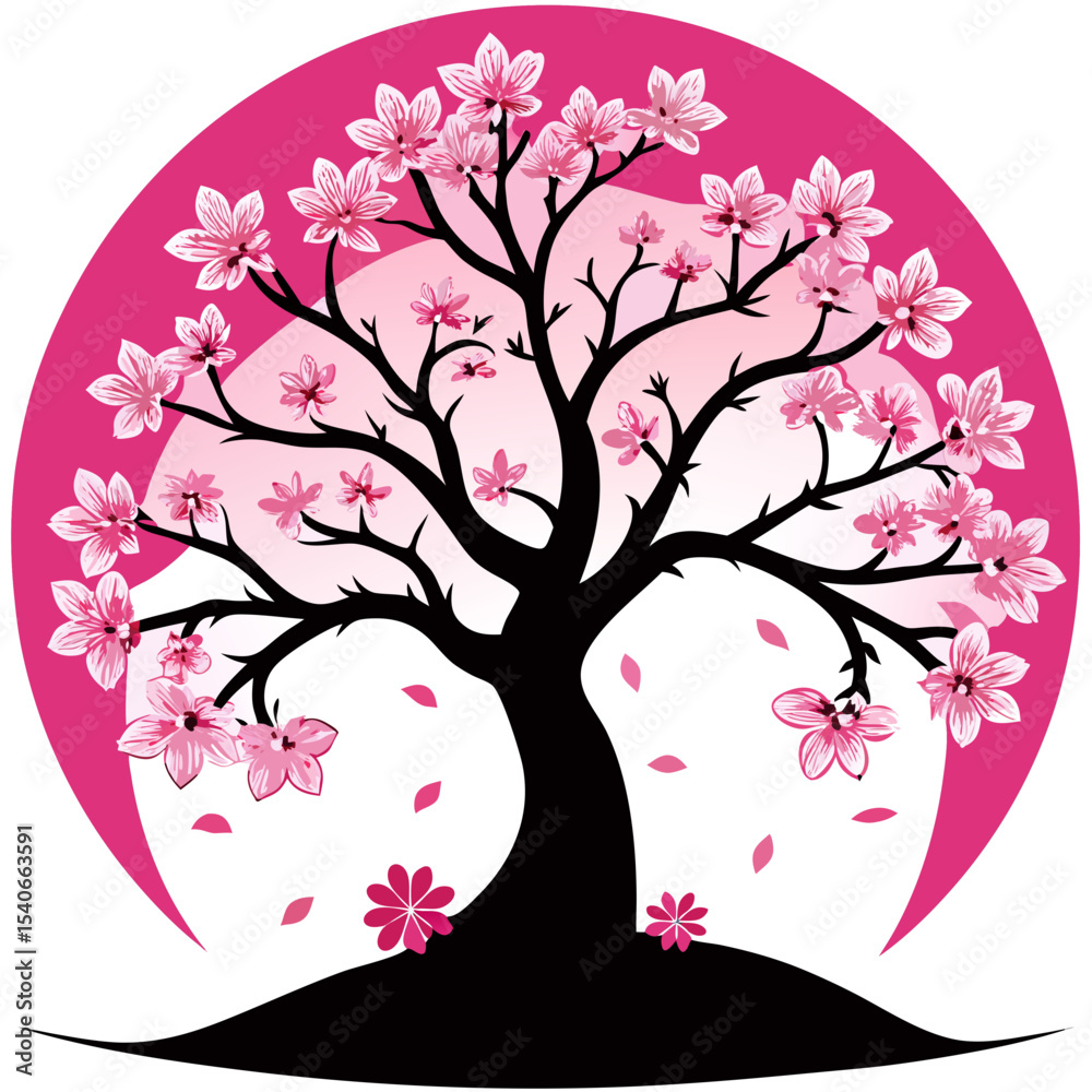 Fototapeta premium Cherry blossom tree silhouetted on a pink background