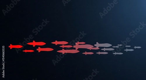 Conceptual visualization of ballistic missile inventory reduction, with a fleet of rockets fading from red to gray against a starry space background, symbolizing disarmament and de-escalation