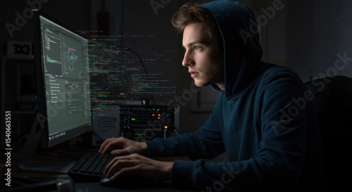 hacker front of his computer committing digital cybercrime