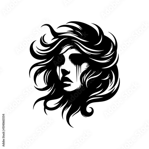 A stylized, black and white portrait of a woman with dramatic, flowing hair and an expressive, melancholic face.