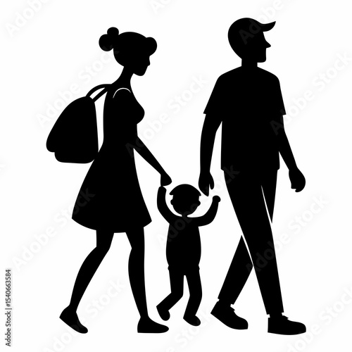 Family silhouette walking together happily on white