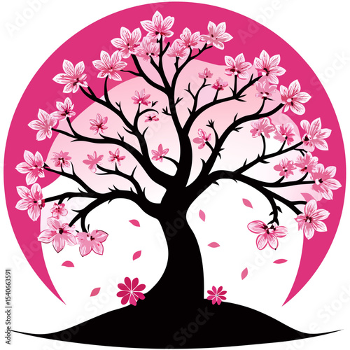 Cherry blossom tree silhouetted on a pink background