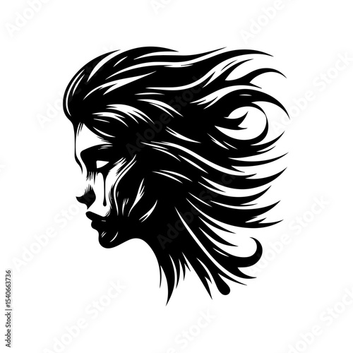 Silhouette portrait of a woman with flowing hair, showing sadness.