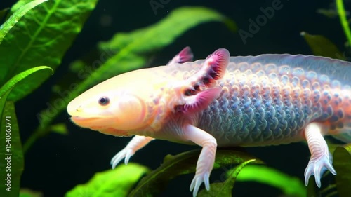 Axolotl swimming underwater showcasing vibrant colors and feathery gills in a lush green environment