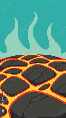 Stylized illustration of volcanic lava flow with flames and a teal sky