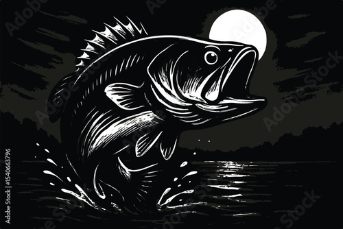 fish silhouette jumping with moonlight reflecting on the water