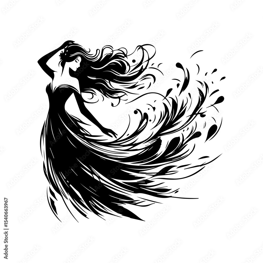 Obraz premium Elegant woman in flowing dress, hair and gown blending with stylized floral patterns, creating a graceful, ethereal silhouette.