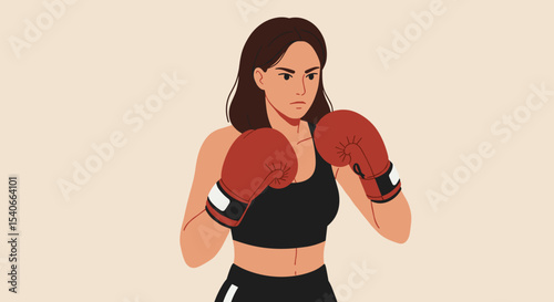 Flat vector woman boxing with gloves in ready stance photo