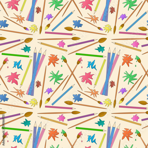 Seamless pattern with colored pencils, paintbrushes, ink and paint splashes on beige background. For back to school or educational theme, supplies or stationery design, textile print, wrapping paper.