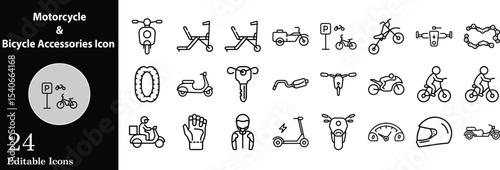 Motorcycle and bicycle outline icons vector illustration various transport accessories helmets scooters bikes spare parts and riders perfect icon set