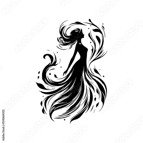 Elegant silhouette of a woman with flowing floral dress and hair, stylized design.