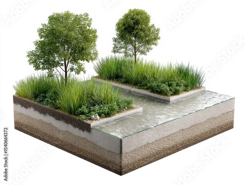 A technical diagram of a rain garden system in a suburban area, showing the inflow of stormwater, filtering soil layers, native plants and the overflow path in the context of water runoff