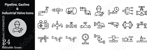 Pipeline gasline industrial valve and engineer icon set representing plumbing energy and industrial systems in simple outline style