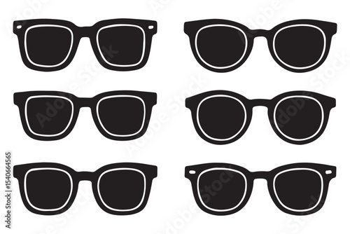 Collection of black sunglasses silhouettes with different frame styles and shapes