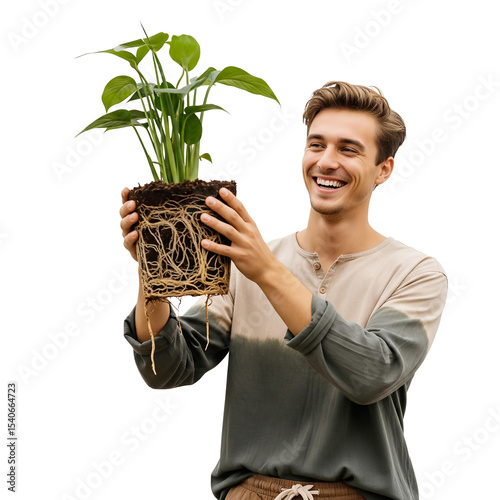 Eco man holding rooted plant isolated on transparent background