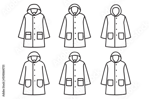 Set of line  drawn raincoats with hoods and pockets in various styles