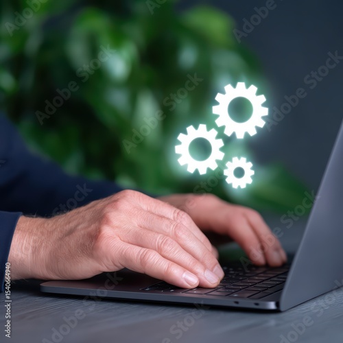 Hands Typing on Laptop Keyboard with Floating Gear Icons Representing Technology and Innovation Concepts